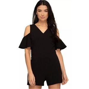 Elevensees Women's 6 Petite Romper Black Flutter Sleeves Pockets 100% Cotton